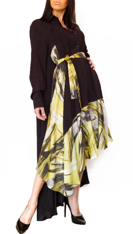 Airy beach dress-Silk-Chiffon Midi Versatile Dress Black/Yellow