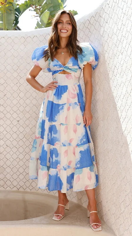 Long sleeve sundress-Coral Maxi Dress - Blue Floral