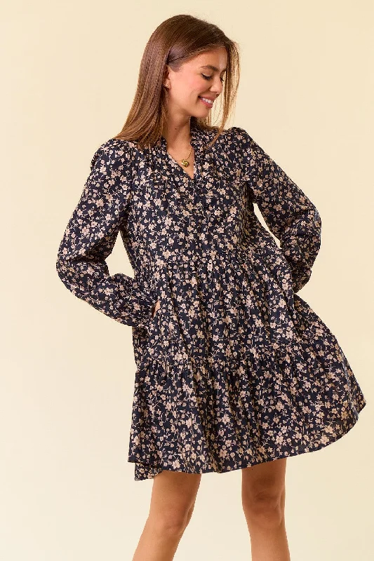 Open-back summer dress-Cotton Floral Print Long Sleeve Tiered Mini Dress