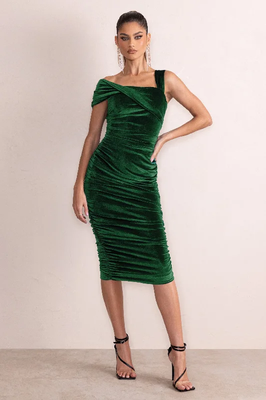 Long sleeve sundress-Daniela | Bottle Green Velvet One Shoulder Ruched Midi Dress