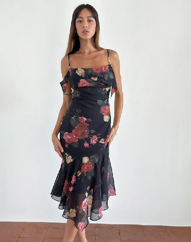 Ruffled party dress-Dansya Midi Dress in Renaissance Rose Black