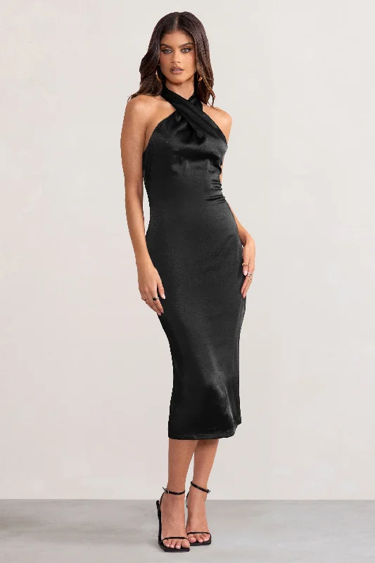 Ruched cocktail dress-Dazzling | Black Satin Cross Over Halter Neck Midi Dress