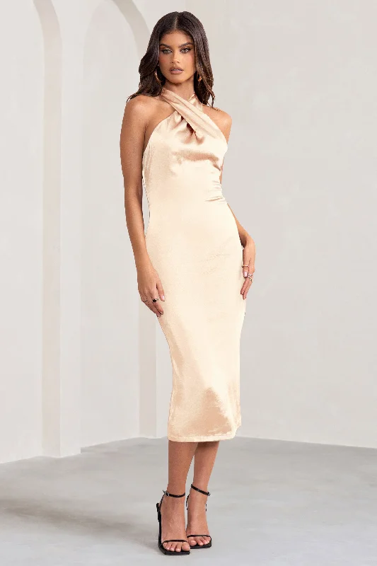 Off-shoulder cocktail dress-Dazzling | Champagne Satin Cross Over Halter Neck Midi Dress