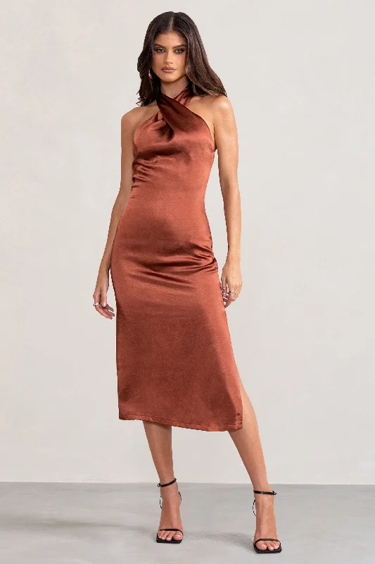 Halter neck cocktail dress-Dazzling | Rust Satin Cross Over Halter Neck Midi Dress