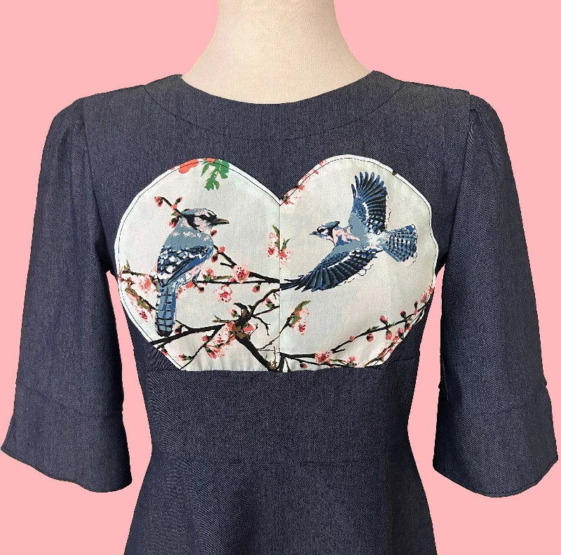 Smocked cocktail dress-Denim Printed Heart Dress