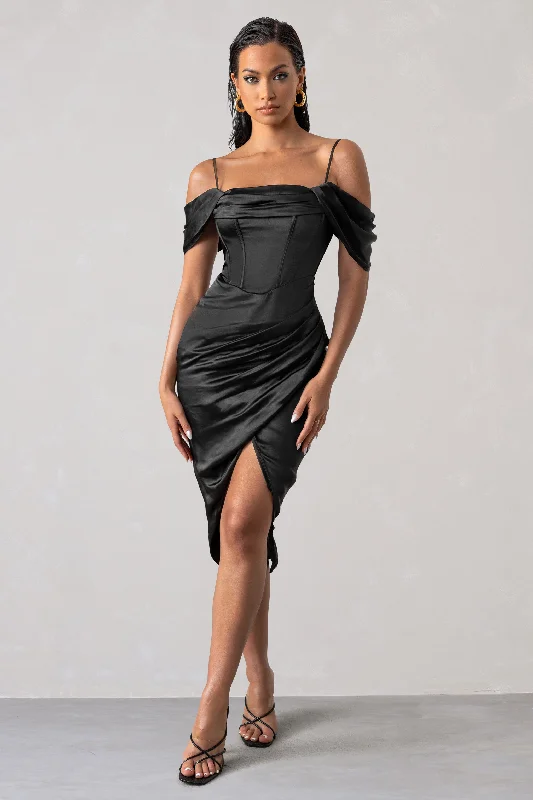 Ruched party dress-Deserving | Black Satin Bardot Sleeve Corset Wrap Midi Dress