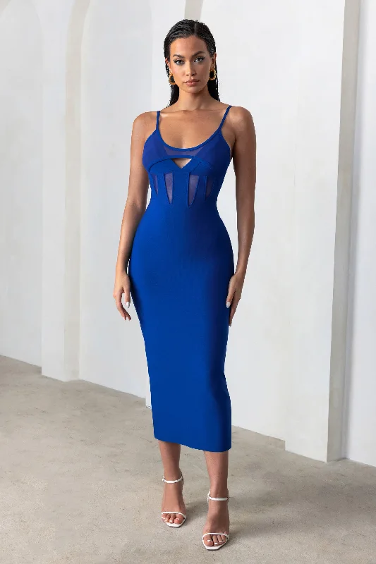 Fringe party dress-Destiny Calling | Electric Blue Bandage Mesh Cut Out Midi Dress with Bra Detail