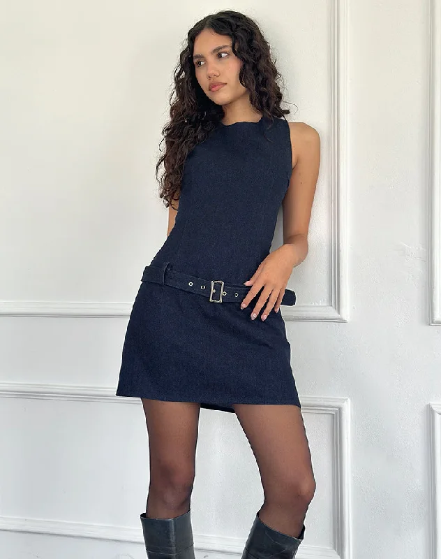 One-shoulder cocktail dress-Dilshan Belted Mini Dress in Chambray Indigo