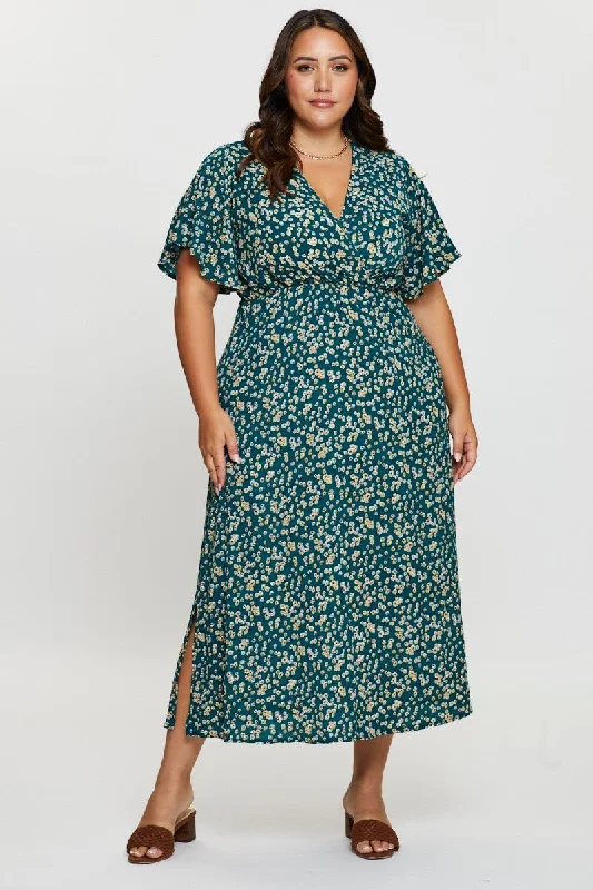 Flared cocktail dress-Ditsy Print Maxi Dress V-neck