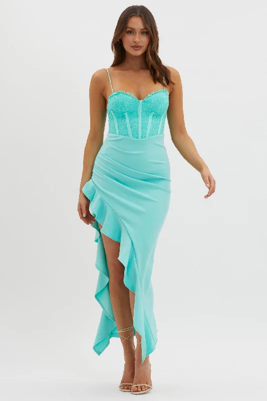 Ruffled cocktail dress-Doe Eyed Lace Bodice Split Dress Teal