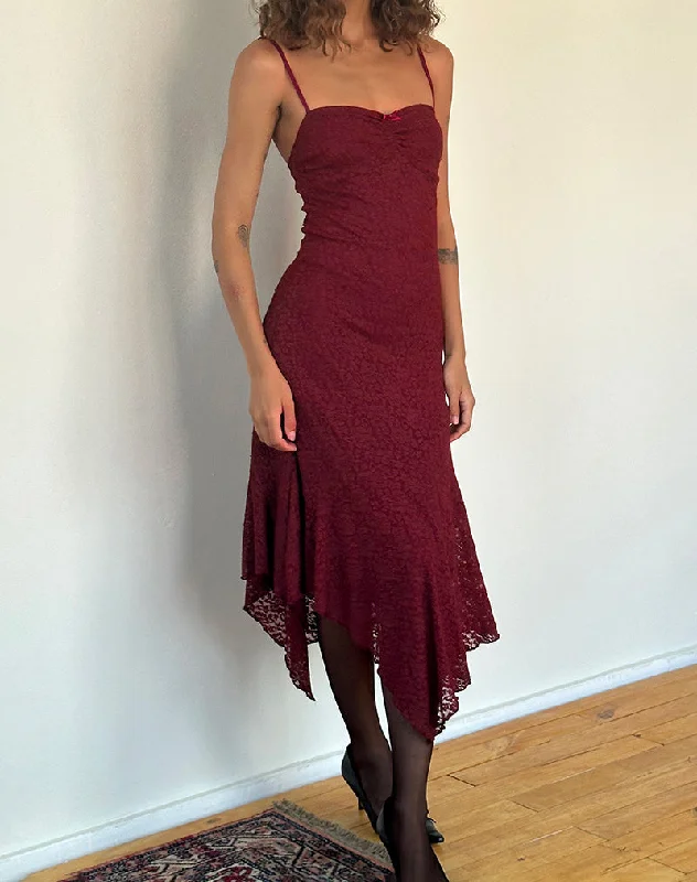 Off-shoulder party dress-Drusilla Midi Dress in Rose Lace Burgundy