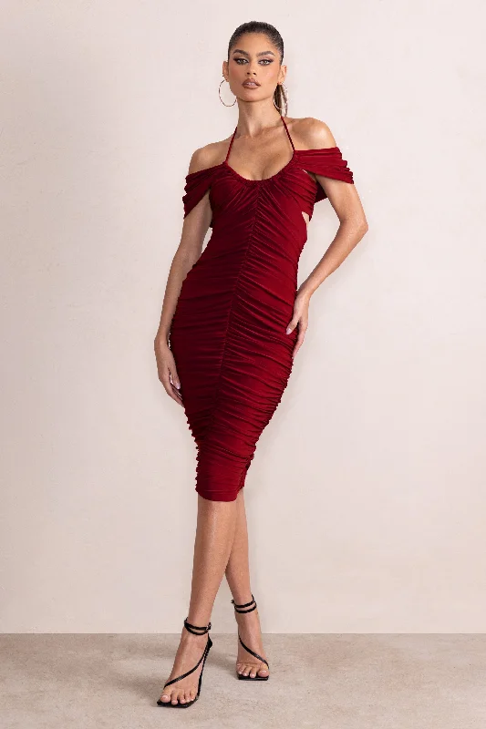 Pleated cocktail dress-Dulcie | Burgundy Halter Neck Cut Out Ruched Midi Dress