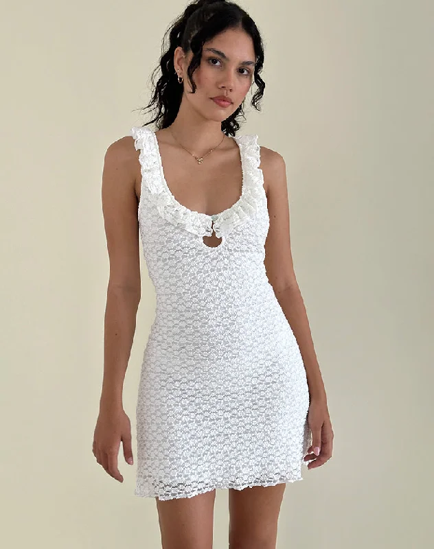 Ruffled cocktail dress-Elliana Mini Dress in Krisan Lace White