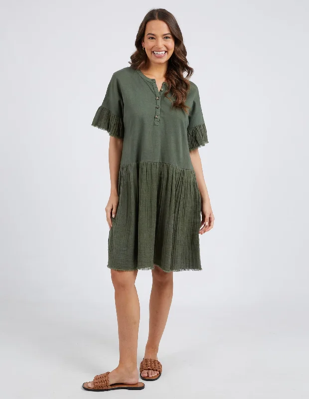 Ruffled cocktail dress-Elm Fable Dress Khaki