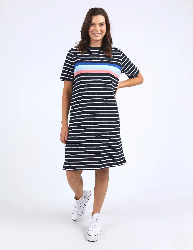 Smocked party dress-Elm Zena Tee Dress Navy & White Stripe