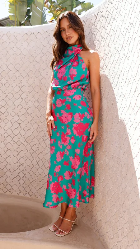 Tiered cocktail dress-Esther Maxi Dress - Green / Pink Floral