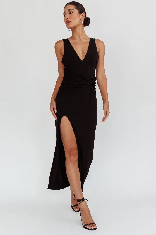 Ruched sundress-Eternal Waist Twist Split Dress Black