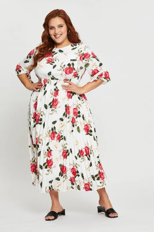 Tiered velvet dress-Floral Print Maxi Dress Round Neck Short Sleeve