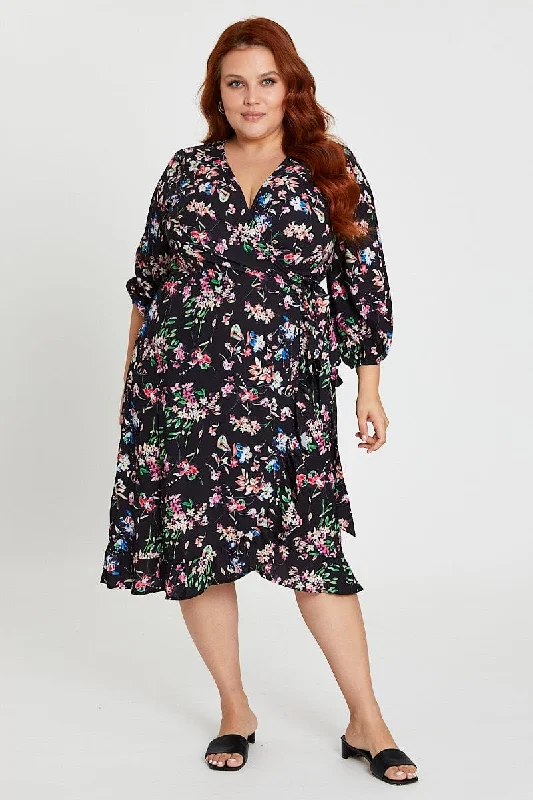 Halter neck party dress-Floral Print Maxi Dress V-neck Long Sleeve