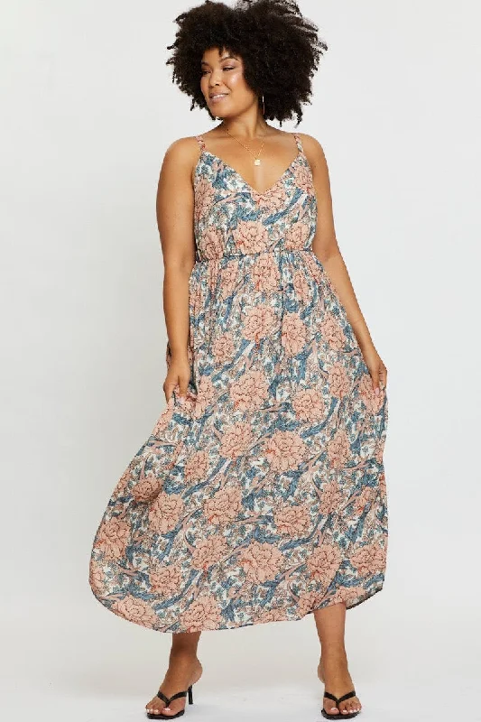 Satin skater dress-Floral Print Maxi Dress V-neck Sleeveless