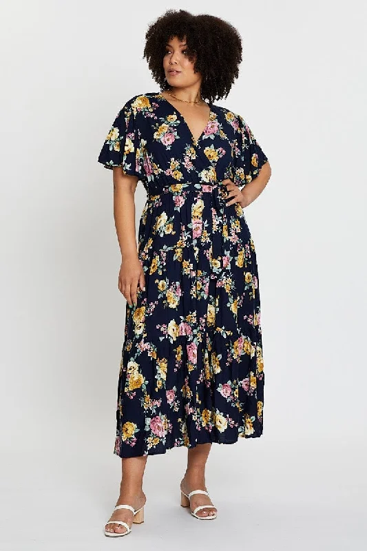 Fringe midi dress-Floral Print Short Sleeve Tieredmaxi Dress