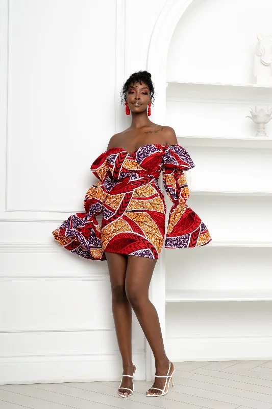 Halter neck party dress-FOLABI African Print Off-shoulder Puffy Sleeve Mini Dress