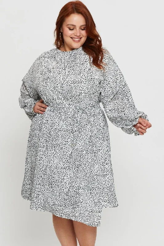 Ruffled cocktail dress-Geo Print Skater Dress High Neck Long Sleeve