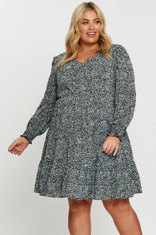 Floral party dress-Geo Print Skater Dress V-neck Long Sleeve