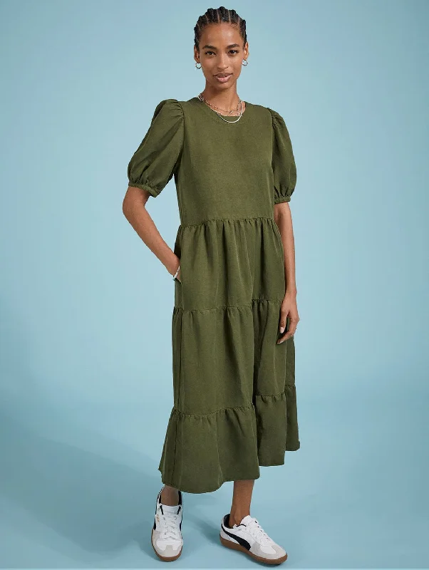 Velvet party dress-Georgiana TENCEL™ Tiered Midi Dress | Dark Olive