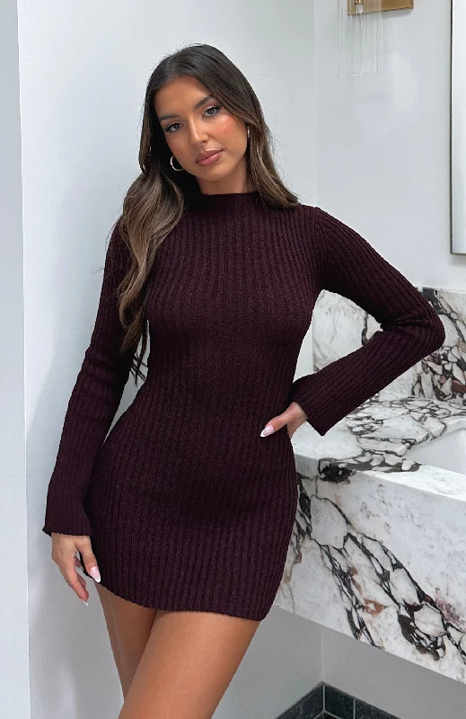 Velvet cocktail dress-Get On Down Long Sleeve Knit Mini Dress Plum