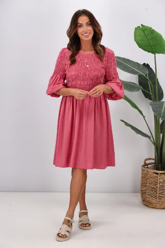 Smocked cocktail dress-Gloss by Shine On Bowie Shirred Bodice Dress Pink