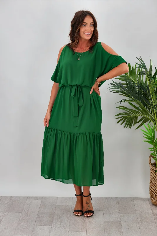 Pocketed sundress-Gloss By Shine On Milan Cold Shoulder Dress Emerald