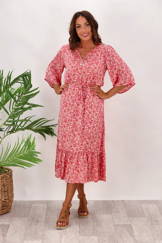 Tiered velvet dress-Gloss by Shine On Sorrento Flutter Sleeve Dress Pink Delicate Floral