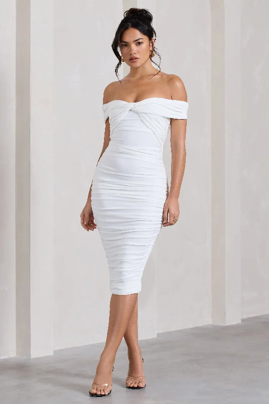 One-shoulder cocktail dress-Gratitude | White Off The Shoulder Ruched Midi Dress