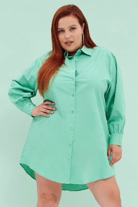 Striped party dress-Green Cotton Shirtdress Oversized Long Sleeve