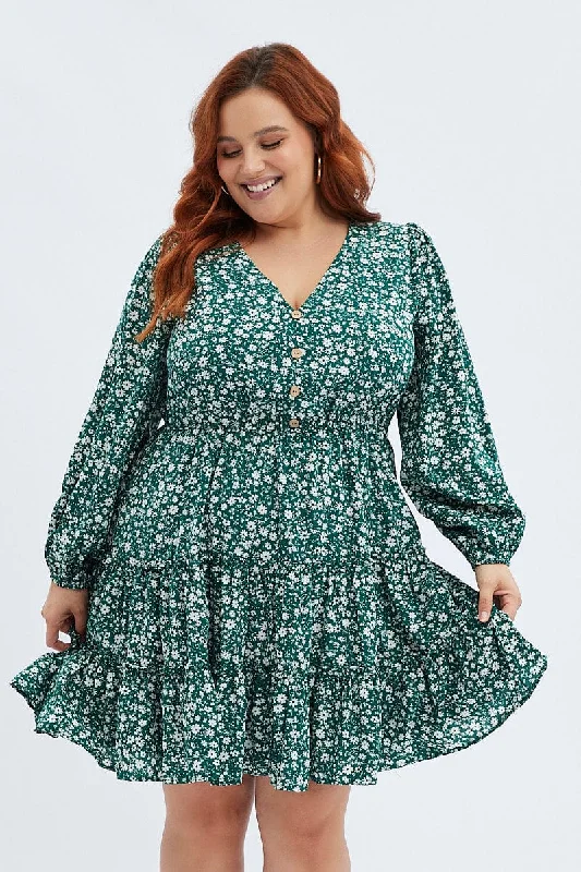 Halter neck party dress-Green Ditsy Fit And Flare Dress Long Sleeve Button Front