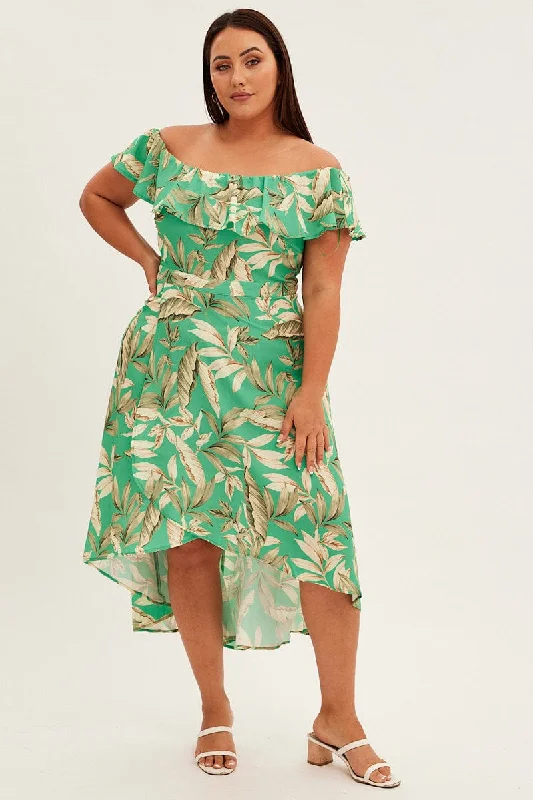 Floral sundress-Green Floral Maxi Dress Off Shoulder Crepe