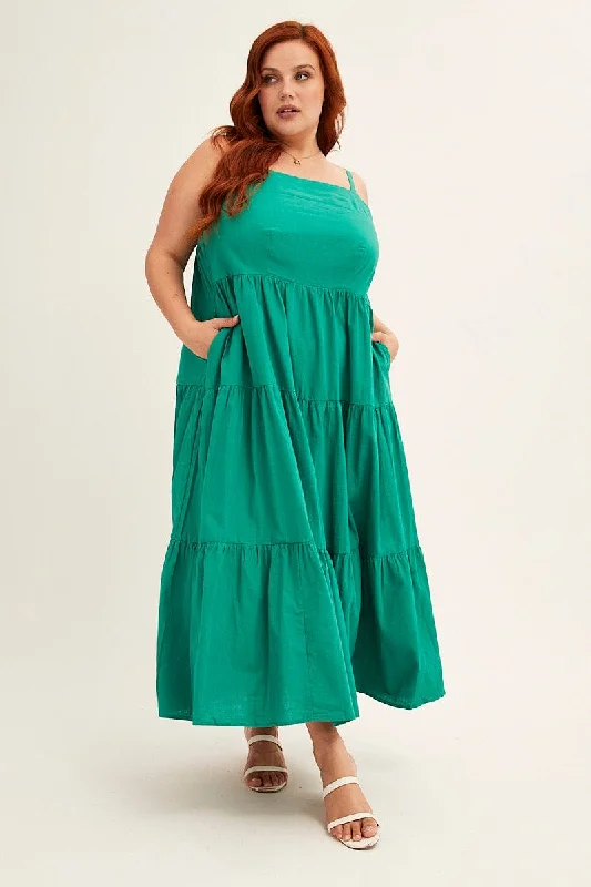 Polka dot midi dress-Green Sleeveless Cotton Maxi Dress With Pockets