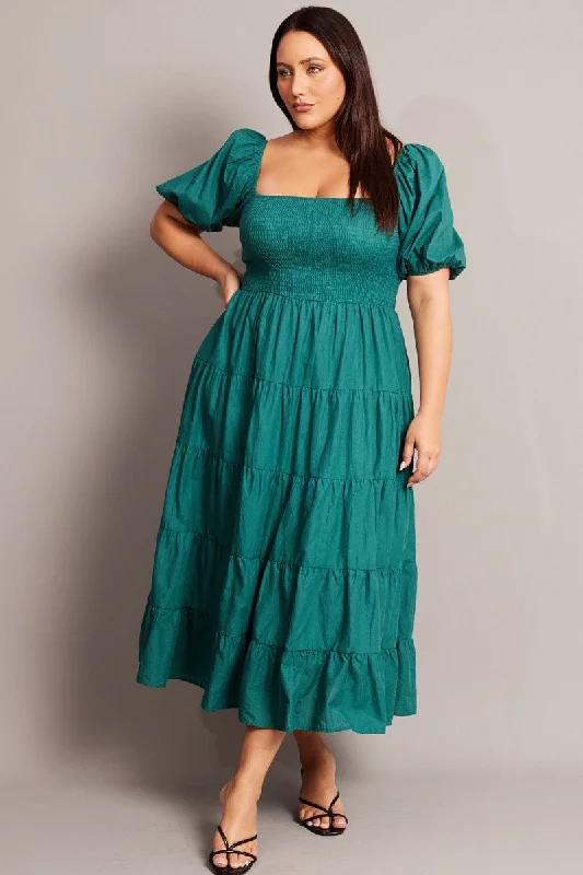 One-shoulder cocktail dress-Green Maxi Dress Short Sleeve Tiered Tie Back