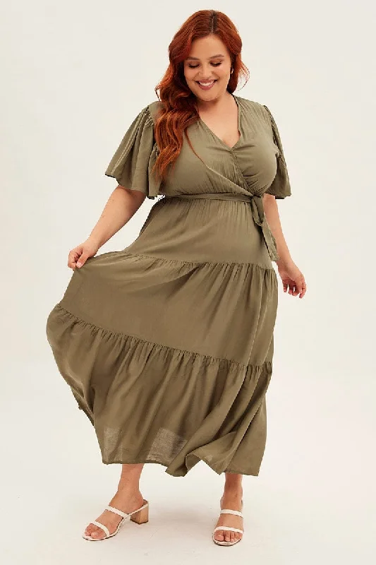 Corset party dress-Green Maxi Dress Short Sleeve V-neck Tiered