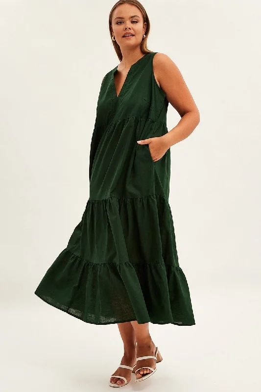 Chiffon floral dress-Green Maxi Dress Sleeveless Tiered Linen Blend