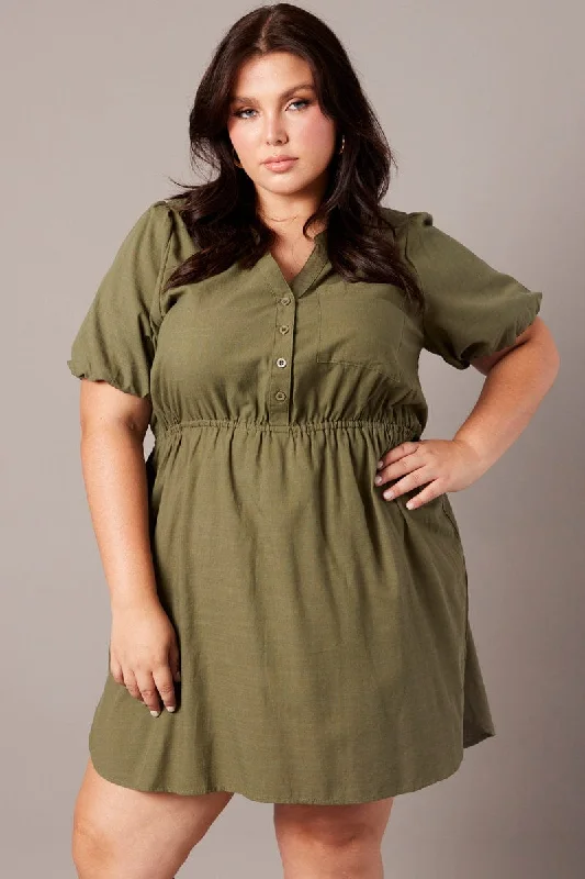 Lace cocktail dress-Green Puff Sleeve Curve Hem Shirt Dress