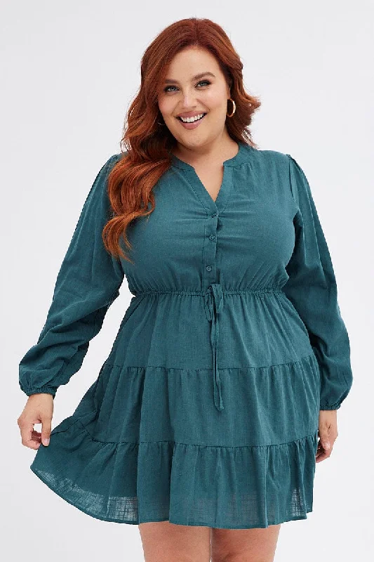 Blue satin dress-Green Shirt Dress Long Sleeve V-neck Tiered