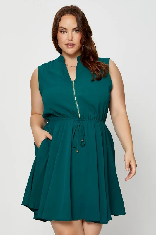 Patterned midi dress-Green Shirt Dress V-neck Sleeveless Button