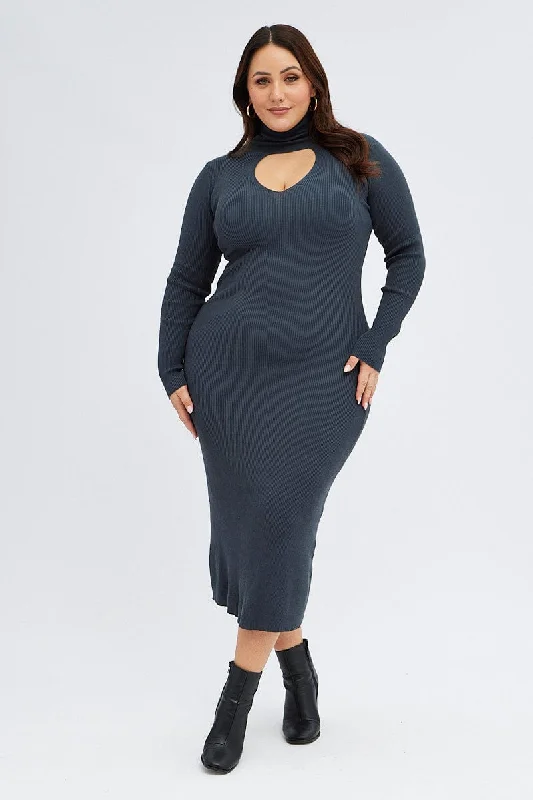 Long sleeve sundress-Grey Knit Dress Long Sleeve High Neck Cut Out