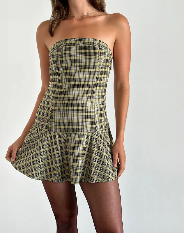 Satin cocktail dress-Hadia Bandeau Mini Dress in Check Yellow