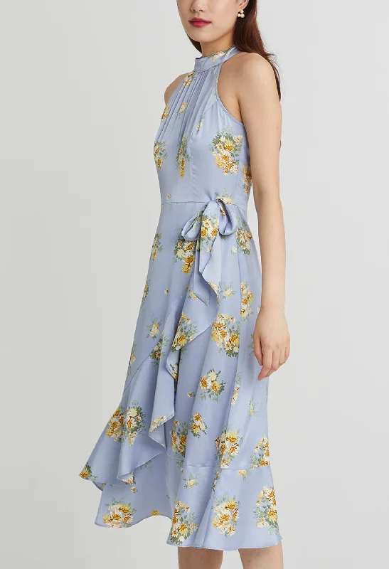 Short sleeve cocktail dress-Halter Flowery Silk Ruffled Slit Dress