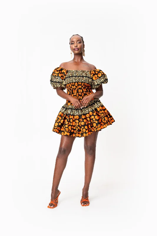 Ruffled sundress-HANI African print smocked body mini dress