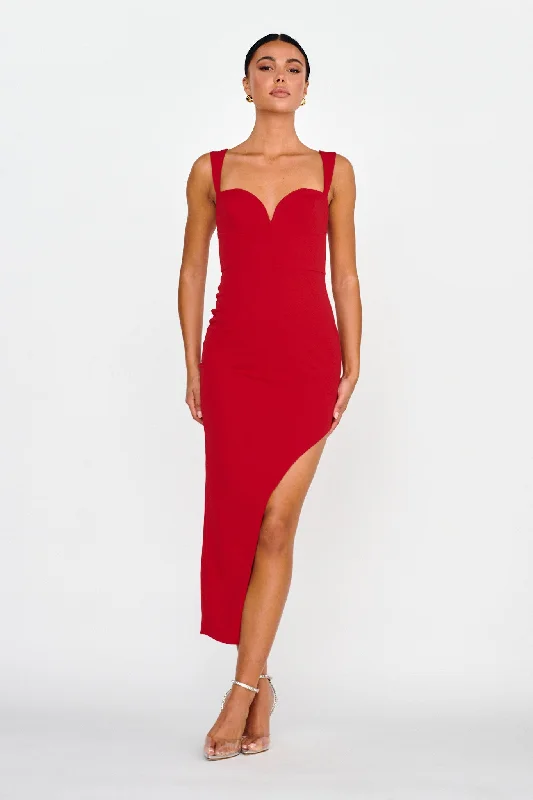 Satin party dress-Hearts Flutter Sweetheart Neckline Dress Red