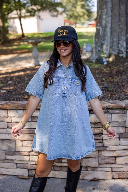 Tiered party dress-Hello Sweetheart Blue Denim Dress